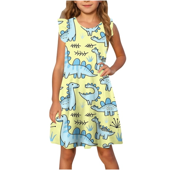 Girls Flower Dress Girls A-Line Dress Cute Dinosaur Printed Ruffle Sundress Toddler Girl Casual Dresses for Party Cotton Sundress Dress for Kids Multicolor 5Y