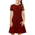 thumbnail image 1 of Girls Flower Dress Girls Short Sleeve Midi Dress Solid Color Loose Fitting and Flare Party Dress a Line Skater Sundress Girls Tight Dress Wine 13Y, 1 of 7