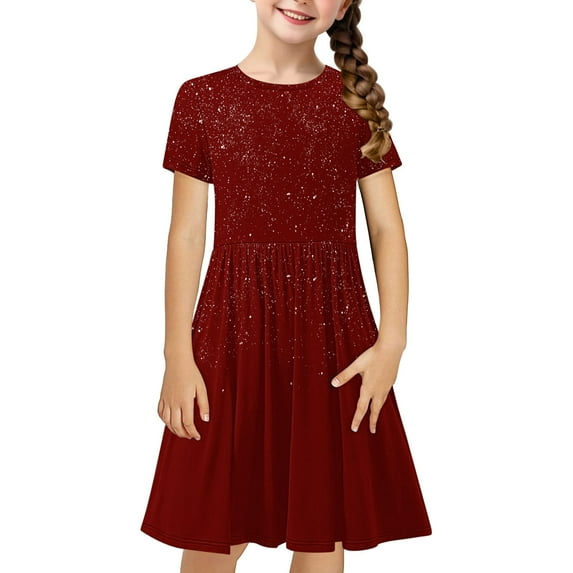 Girls Flower Dress Girls Short Sleeve Midi Dress Solid Color Loose Fitting and Flare Party Dress a Line Skater Sundress Girls Tight Dress Wine 13Y