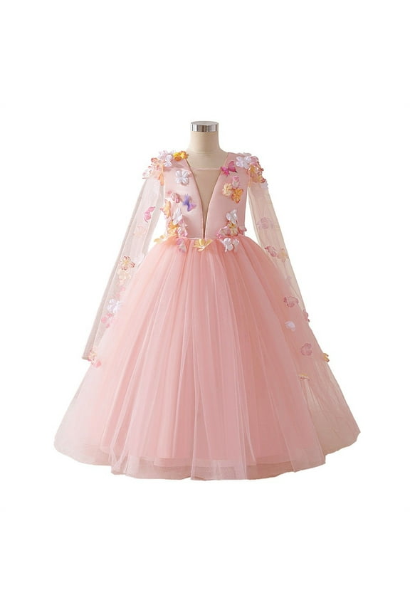 Girls Flower Embroidered Tulle Long Sleeve Ball Gown Dress with 3D Appliques for Special Occasions Parties Weddings