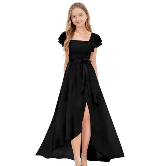 Girls Flower Girl Dress Black Flower Girl Dress A Solid Color Long Dress With A Graceful And Elegant A Waist And A Wide Hem With Ruffled Edges For Girls 7 To 13 Years