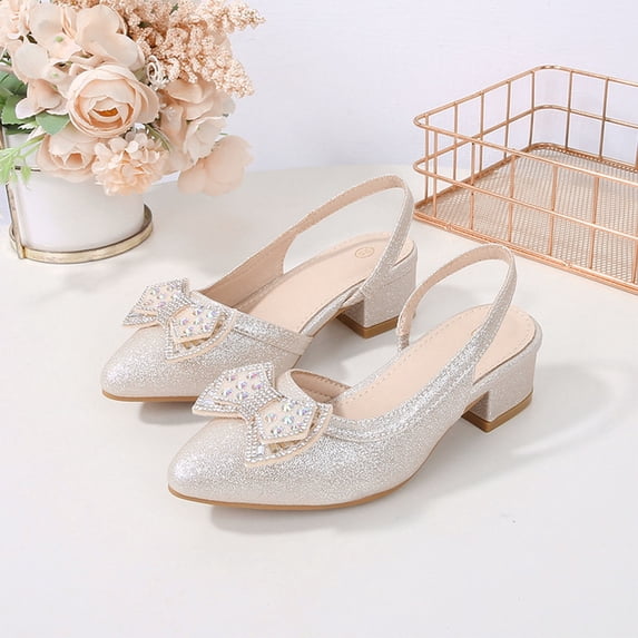 Girls Flower Girl Shoes, Glitter Slingback Heels with Rhinestone Bow for Weddings and Formal Events Gold 1.5