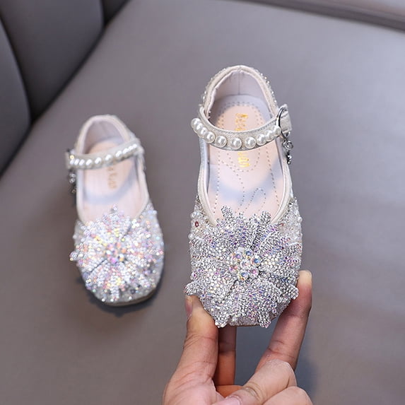 Girls Flower Girl Shoes, Rhinestone Crystal Mary Janes with Pearl Strap for Weddings & Birthdays White 9.5