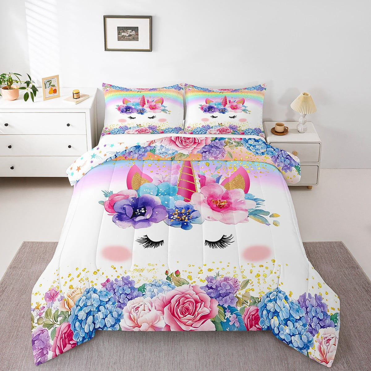 Flower Unicorn Comforter Set Full Size Cartoon Unicorn Bedding Set ...