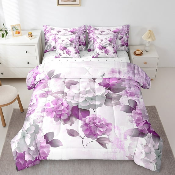 Girls Flower King Comforter Set 7 Pieces Hydrangea Floral Bedding Comforter Sets for Women,Orchid Gradient Bed in a Bag Vintage Ombre Bedding Set Oil Painting Aesthetic Bed Sheets Set Room Decorative