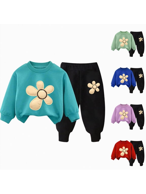 Girls Flower Print Long Sleeved Sweatshirt and Pants Fall Winter Set 6-24 Months 2T 3T 4T 5T 6T Children Blue,9-10 Years