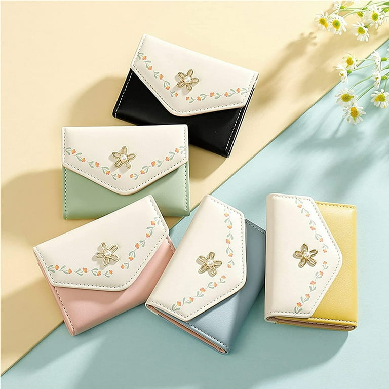 Qzbon CE Girls Flower Print Wallet Small Aesthetic Tri-Fold Purse PU Leather Cash Pocket ID Window Card Holder for Women/Black, Women's