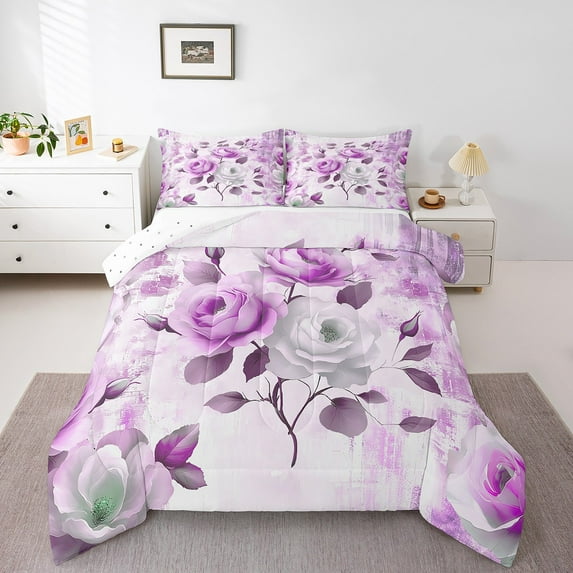 Girls Flower Queen Bedding Sets Rose Floral Comforter Set for Women,Orchid Gradient Down Comforter Vintage Ombre Bedding Comforter Sets,Oil Painting Aesthetic Duvet Insert Room Decorative