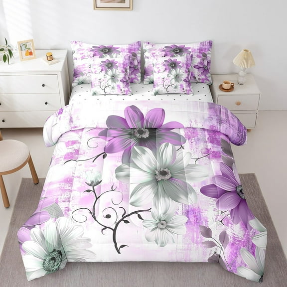 Flower Queen Comforter Set 7-Piece Daisy Floral Bedding Comforter Sets for Women, Orchid Gradient Bed in a Bag Vintage Ombre Bedding Set, Oil Painting Aesthetic Bed Sheets Set Room Decorative
