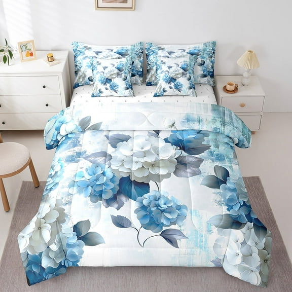 Girls Flower Queen Comforter Set 7 Pieces Hydrangea Floral Bedding Comforter Sets for Women,Blue Gradient Bed in a Bag Vintage Ombre Bedding Set,Oil Painting Aesthetic Bed Sheets Set Room Decorative