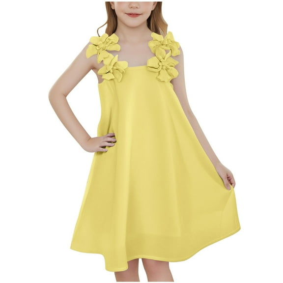 Girls Flower Trim Sleeveless Dress Solid Color A-line Swing Flared Boho Casual Beach Holiday Dresses 2-8 Years