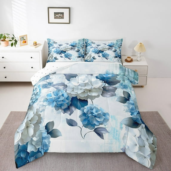 Girls Flower Twin Bedding Sets Hydrangea Floral Comforter Set for Women,Blue Gradient Bedding Comforter Sets Vintage Ombre Duvet Insert,Oil Painting Aesthetic Down Comforter Room Decorative