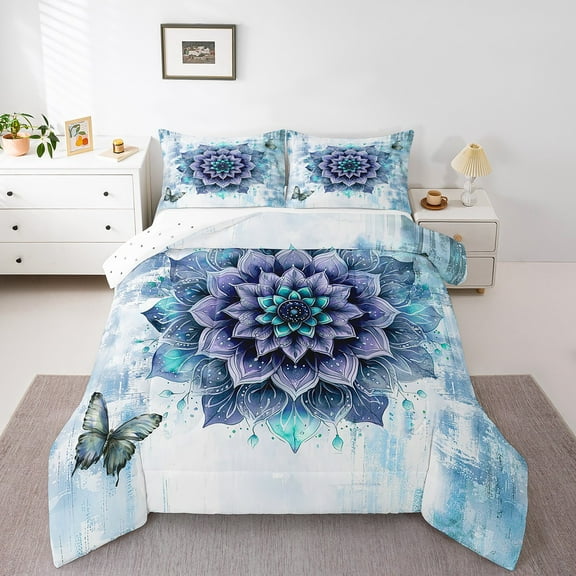 Girls Flower Twin Comforter Set Mandala Floral Bedding Set Twin for Women,Blue Gradient Bedding Comforter Sets Vintage Ombre Duvet Set,Oil Painting Aesthetic Quilted Comforter Room Decorative