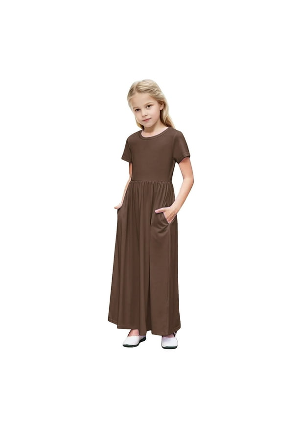 Girls Flowy Maxi Dress, Short Sleeve Casual Loose A-Line Dress, Tween Summer Beach Long Dress with Pockets Kids Mini Dresses Brown 7Y