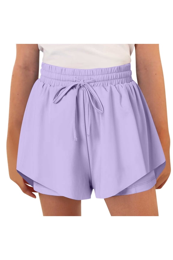 Girls Flowy Shorts 2 in 1 Preppy Butterfly Shorts Drawstring Elastic Waisted Cheer Athletic Gym Casual Shorts 6-14Y, Limited Time Under 10 Dollars