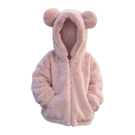 Girls Fluffy Fleece Zip Up Hoodie Jacket Kids Boys Faux Fur Teddy Coat Cute Bear Soft Fuzzy Fleece Hooded Sweatshirt Outwear