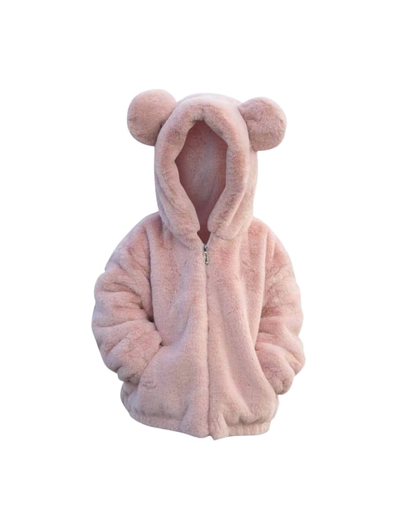 Girls Fluffy Fleece Zip Up Hoodie Jacket Kids Boys Faux Fur Teddy Coat Cute Bear Soft Fuzzy Fleece Hooded Sweatshirt Outwear