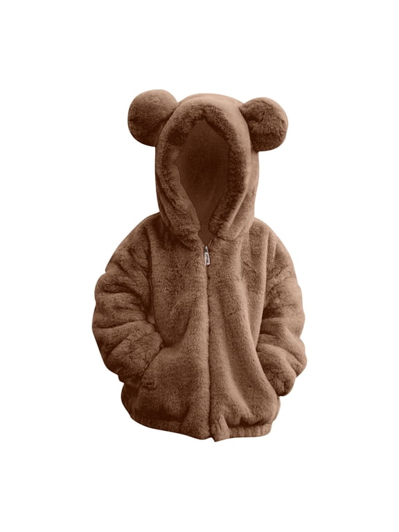 Girls Fluffy Fleece Zip Up Hoodie Jacket Kids Boys Faux Fur Teddy Coat Cute Bear Soft Fuzzy Fleece Hooded Sweatshirt Outwear