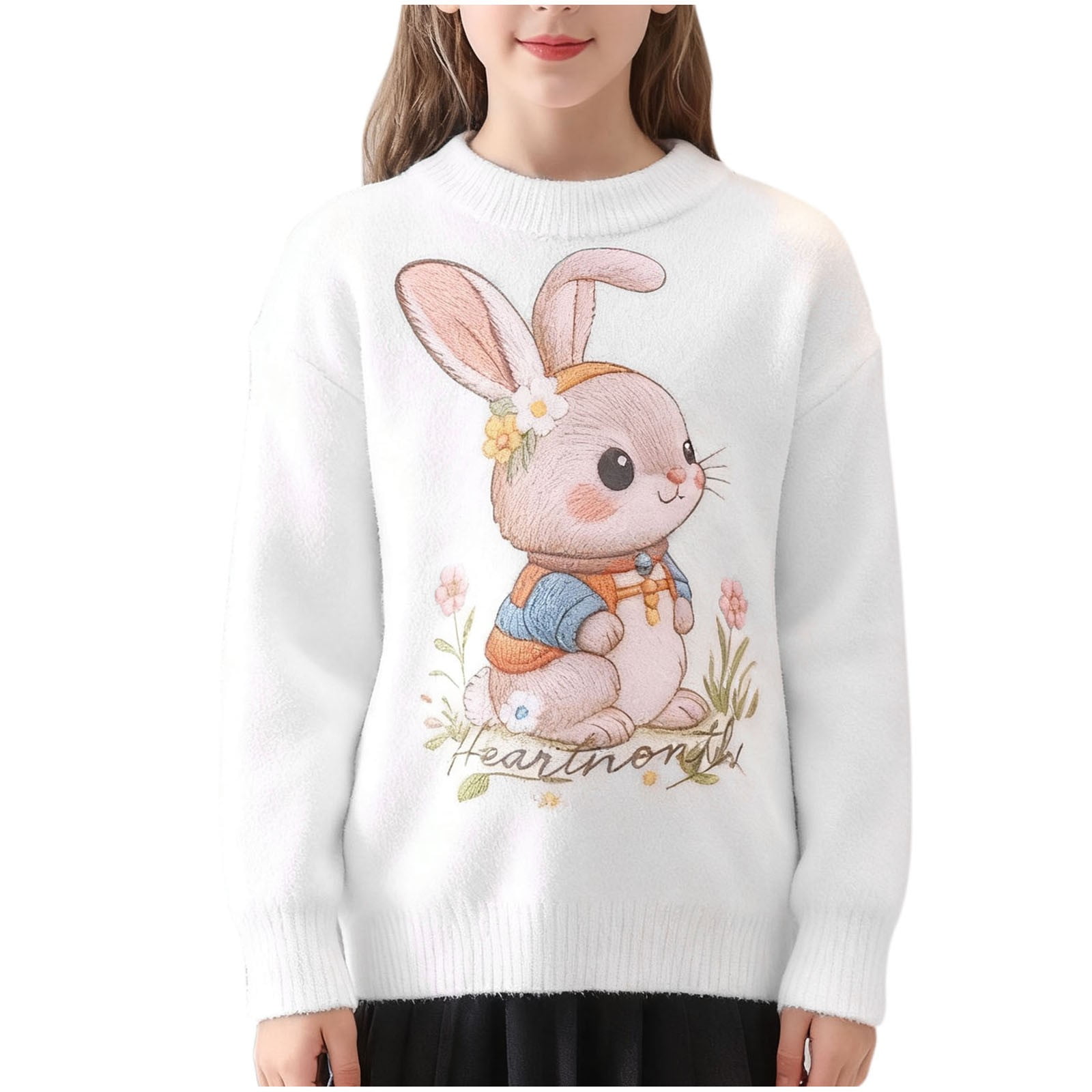 Girls Fluffy Knit Sweater Cute Rabbit Crewneck Sweaters Pullover Long ...