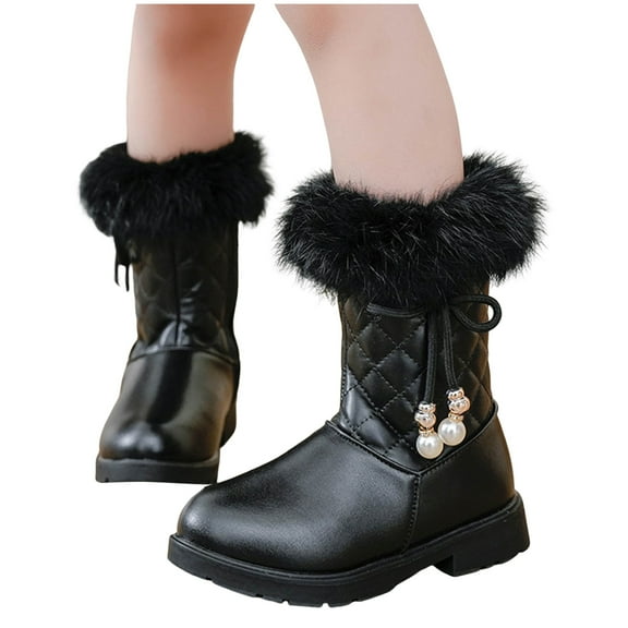 Girls Fluffy Mid Calf Boots Comfortable Fleece Lined Non Slip Snow Booties Winter Waterproof Princess Shoes