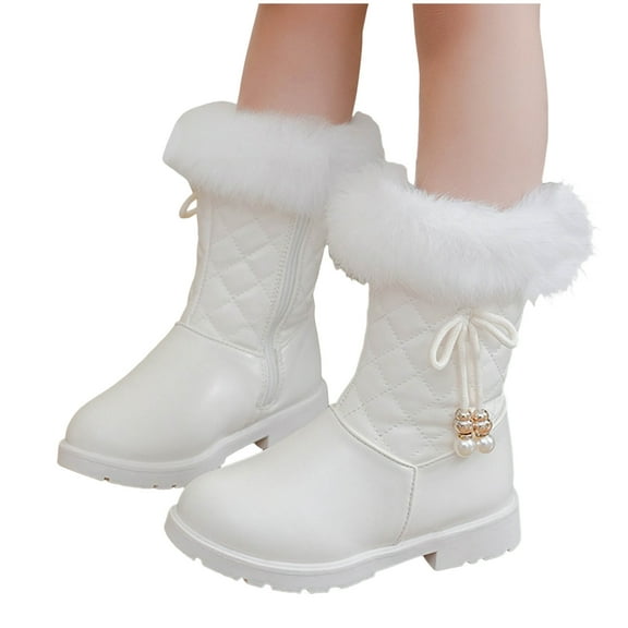 Girls Fluffy Mid Calf Boots Comfortable Fleece Lined Non Slip Snow Booties Winter Waterproof Princess Shoes