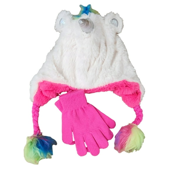 Girls Fluffy White Unicorn Trapper Beanie & Gloves Hat Set Fleece & Plush Lining