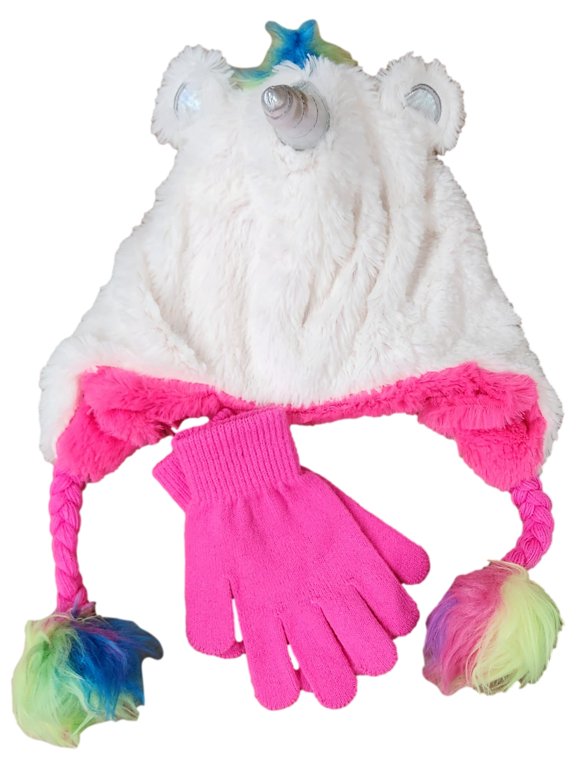 Girls Fluffy White Unicorn Trapper Beanie & Gloves Hat Set Fleece & Plush Lining