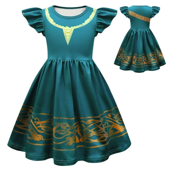 Girls Flutter Sleeve Casual Dresses Princess Merida/Anna Costume Kids Cartoon Dress