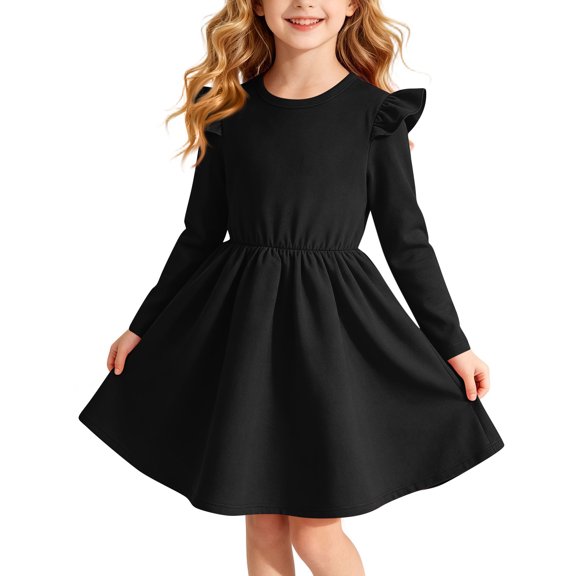 Girls Flutter Sleeve Dress Solid Crew Neck Ruffle Swing A-Line Toddler Dresses