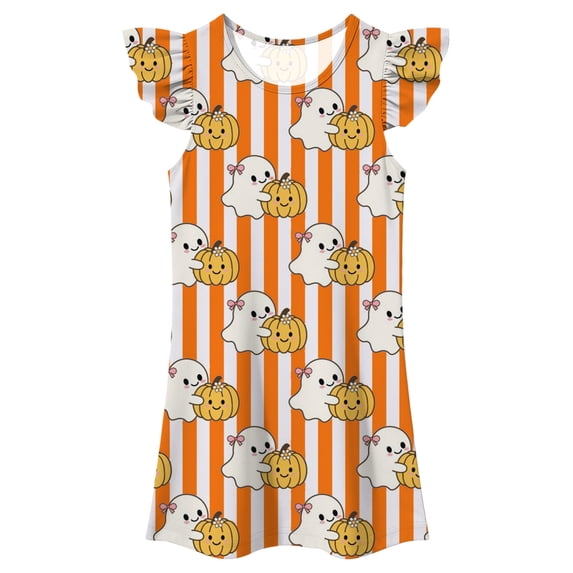 Girls Flutter Sleeve Halloween Print Casual A-Line Dress, Pumpkin Ghost Floral Graphic Lightweight Kids Summer Dress for Holiday Party Daily Outdoor Play Wear(Orange1,4-5 Years)