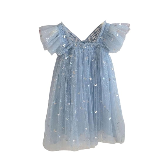 Girls Flutter Sleeve Party Dress Sequin 3D Wing Mesh Ball Gown Dress