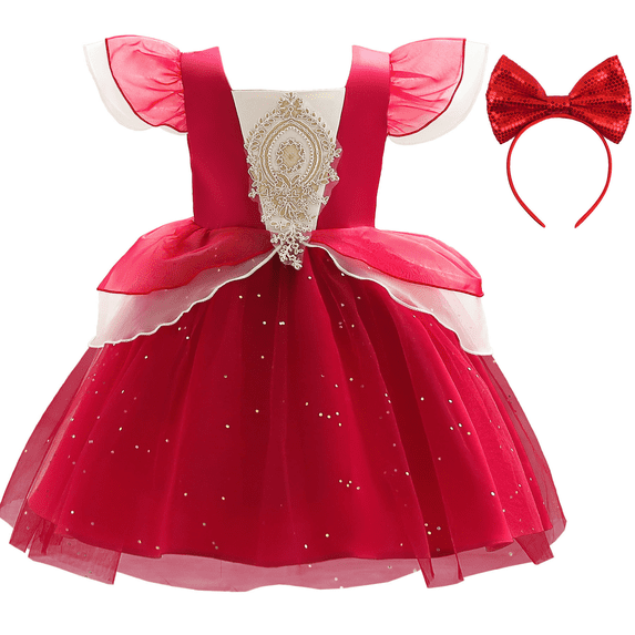 Girls Flutter Sleeve Princess Dress Tulle Flower Girl Party Dress for 3-10Y