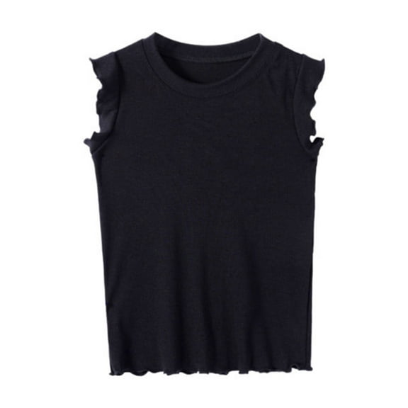 Girls Flutter Sleeve Ruffle Trim Rib Knit Top Soft Comfortable Crew Neck Tee for Casual Outdoor Summer Wear