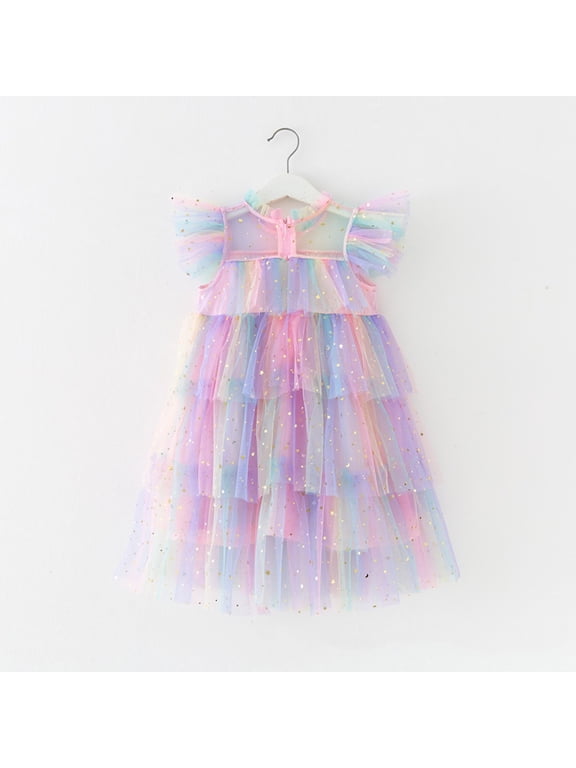 Girls Flutter Sleeve Sequin Tulle Dress Rainbow Sparkle Mesh Tutu Skirt Princess Pageant Gown Glitter Peplum A Line Party Dress Puffy Dance Recital Outfit for Toddler and Little Girls Dress Up Pink