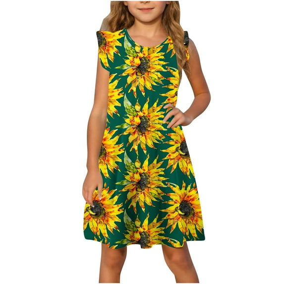 Girls Flutter Sleeve Sunflower Print Cute Summer Dress Loose A-Line Swing Princess Dresses for Kids 4-14 Years