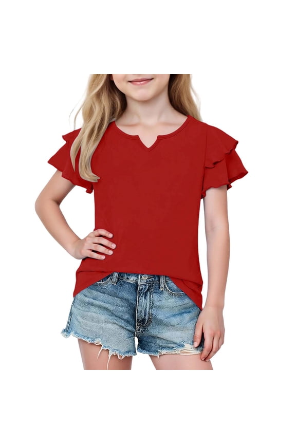 Girls Flutter Sleeve Tops Summer Trendy V Neck Short Sleeve Loose T-Shirt Blouse for 5-14 Years