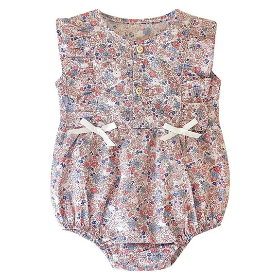 Girls Fly Sleeve Floral Prints Bowknot Summer Romper Bodysuits Pink 2 Years-3 Years