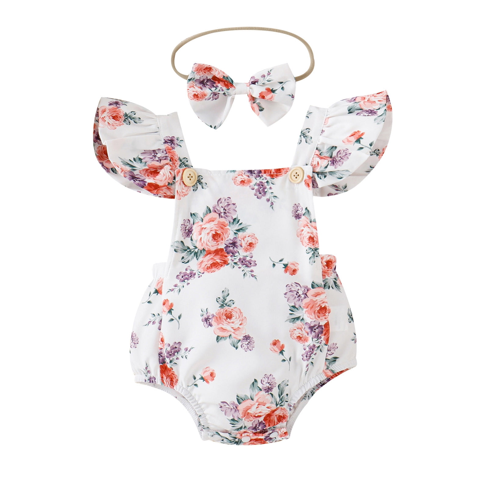 Girls Fly Sleeve Floral Prints Romper Backless Bodysuits Headbands Set Long Sleeve Gymnastics