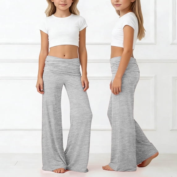 Girls Foldable Waist Pleated Yoga Pants Pure Color Wide Leg Loose Casual Trousers For Everyday Comfort Tween Kids Summer Soft Comfy Cute Basic Pants