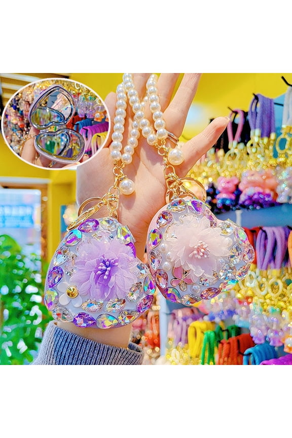 Girls Folding Mirror Keychain Rhinestone Makeup Mirror with Faux Pearl Chain Portable Small Folding Mirror Pendant for Touch-Ups Fashion Accessory Bag Charm