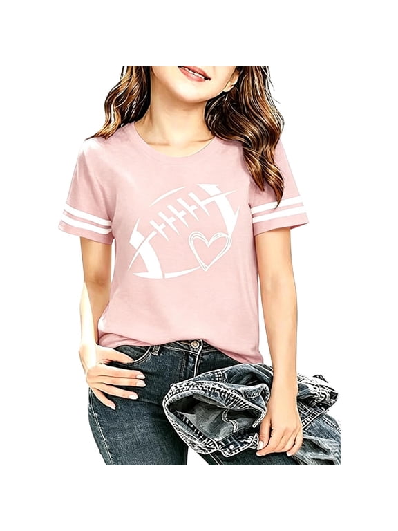 Girls' Football Graphic Tee – Short Sleeve Sports Top for Kids, Casual Loose Fit Playful Print T-Shirt for School & Practice