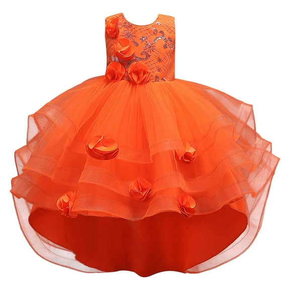 Girls Formal Dress A Line Flower Girl Dress Summer Sleeveless Princess Catwalk Performance Birthday Party Pageant Ball Gown Dresses For Toddler Girl Orange Size 4-5 Years