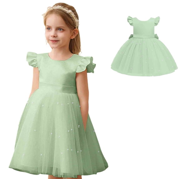 Girls Formal Dress Sleeveless Green Dress V-Back with Big Bow Girls Party Dress Girls Children's Day Outfit 5-6 Years