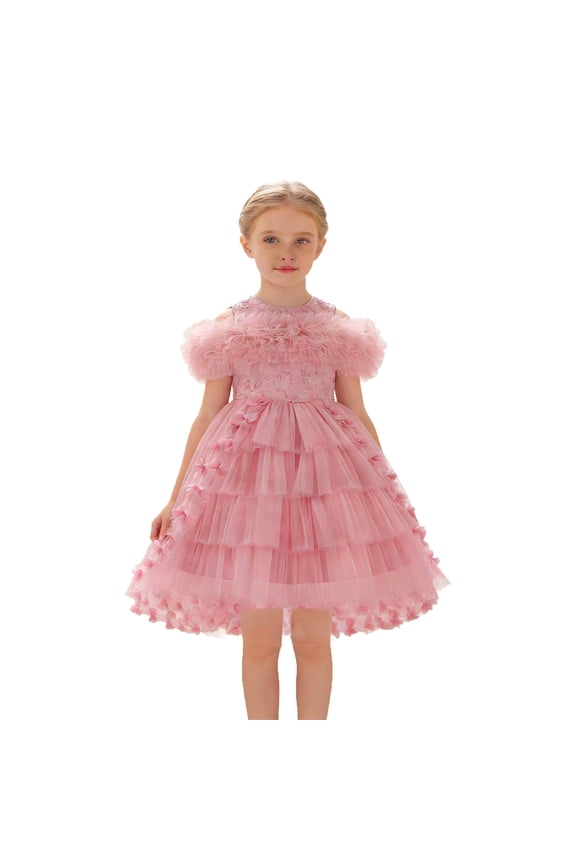 Girls Formal Dress with Skirt Tiered Lace Trim Gown for Party Celebration