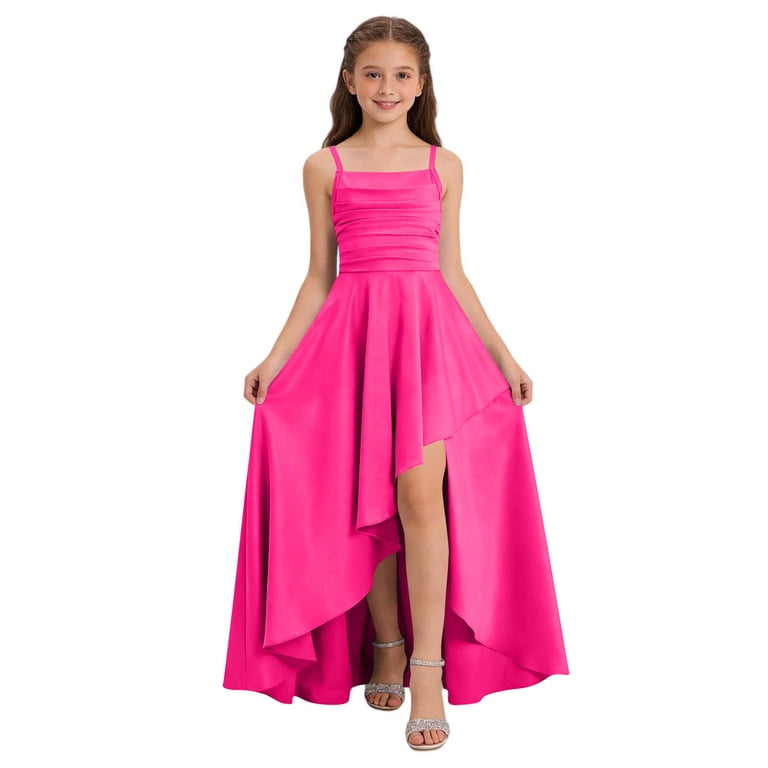 Girls Formal Dresses Maxi Wedding Gown Ruffle Square Neck Spaghetti Strap Satin Dresses Elegant Flowy Birthday Party Dress 2026 Casual Sleeveless 