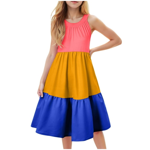 Girls Formal Dresses Size 14-16 Girls' Sleeveless Color Block Dress Summer Casual Sundress Skater Swing Twirly Halter Dress Girls Dresses Size 8