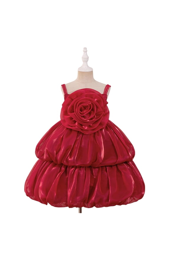 Girls Formal Flower Girl Dress with Layered Organza Bubble Skirt and 3D Floral Applique for Party Weddings