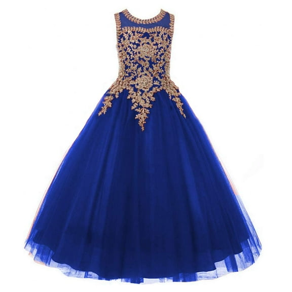 Girls Formal Long Pageant Dresses Prom Ball Gown Gold Lace Burgundy Tulle