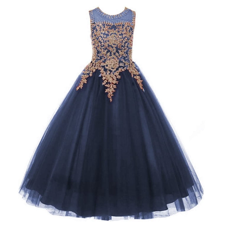 Girls Formal Long Pageant Dresses Prom Ball Gown Gold Lace Burgundy Tulle -  Walmart.com