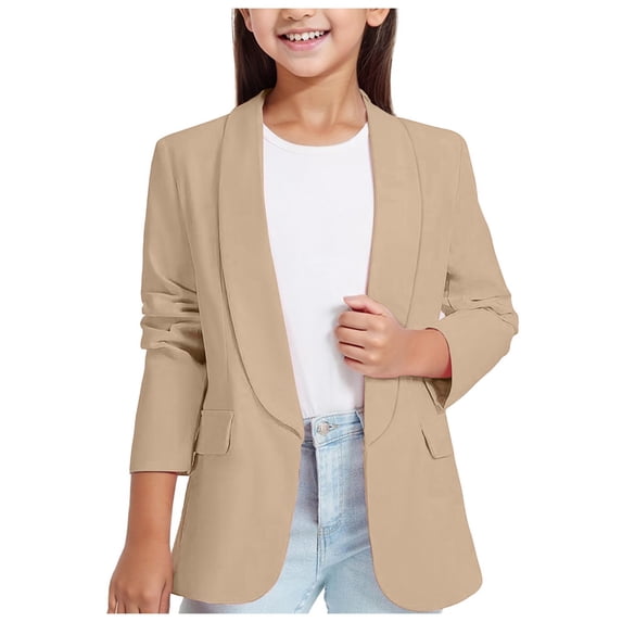 Girls Formal Long Sleeve Shawl Collar Suit Jacket Open Front Design with Inner Pocket for